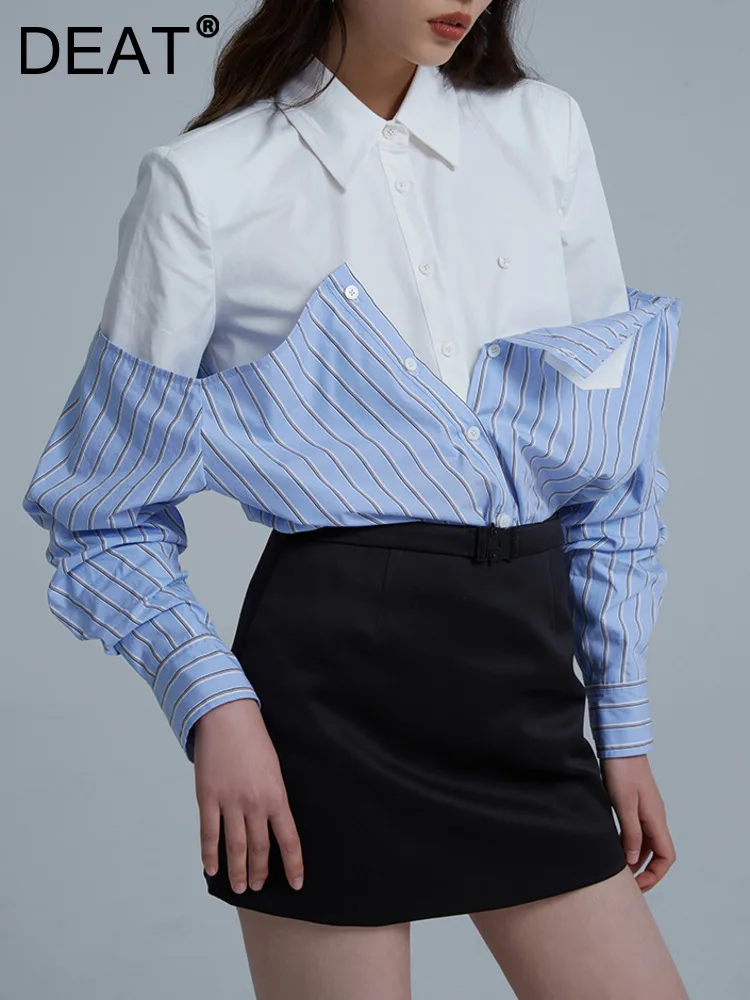 

DEAT Fashion Women's Shirt Lapel Patchwork Blue Striped Fake 2 Pcs Single Breasted Long Sleeve Blouse Autumn 2024 New 7AB1041