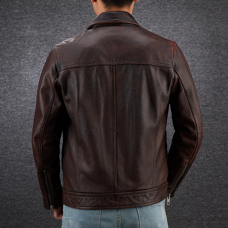 

Men Large Vintage Size Black Genuine Cow Leather Jacket Men's 100% Cowhide Real Leather Motorcycle Biker Coat Autumn Winter