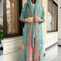 KAF Pleated Women Luxury Trench 2025 Spring Fall New Vintage Printed Cardigan Design Loose Large Size Arabian Female Abaya 2