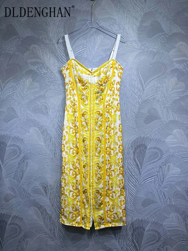 

Платье DLDENGHAN женское винтажное шелковое, пикантное дизайнерское платье-карандаш на бретелях-спагетти, без рукавов, с принтом в стиле барокко, с открытой спиной, лето