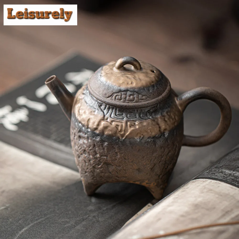 200ml Antique Old Rock Mud Pottery Teapot Creative Gilded Iron Glaze Four Legged Pot Tea Maker Kettle Teaset Equipment Craft