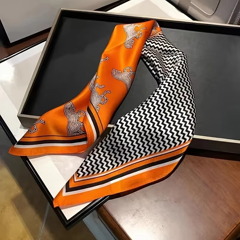 Luxury Orange Striped Horse Square Scarf Women's Natural Soft Satin Scarf Casual Versatile Decoration Small Neck Scarf 4