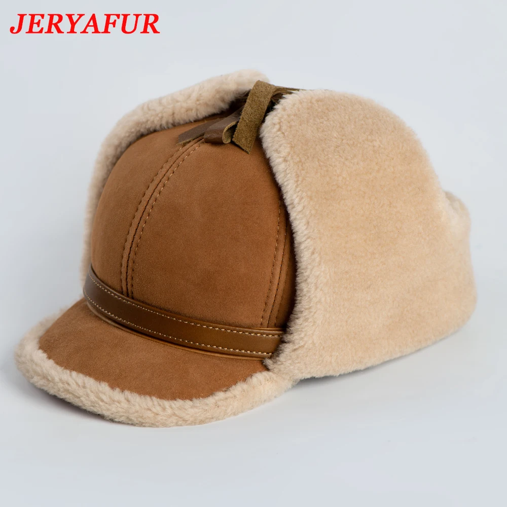 

JERYAFUR High Quality 2023 Winter Leather Hat Men Fur Lamb Wool Warm Thick Earflaps Bomber Hats Men's Baseball Cap Russian Hat