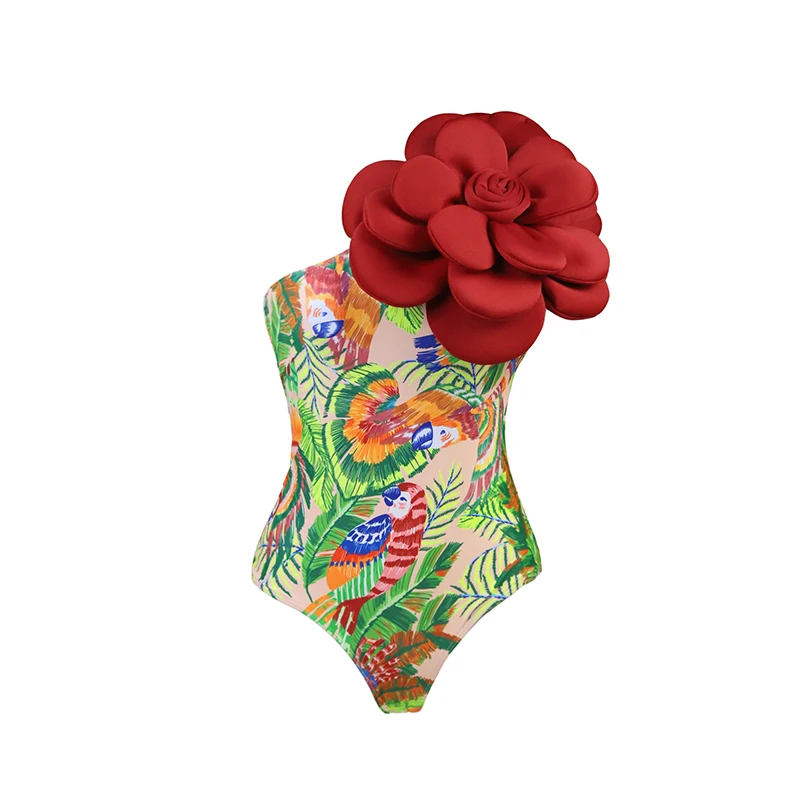 ZAFUAZ 2024 New Sexy 3D Flower Off Should Bikini Solid Red Swimwear Skirt Women Luxury One Piece Swimsuit Beach Bathing Suit