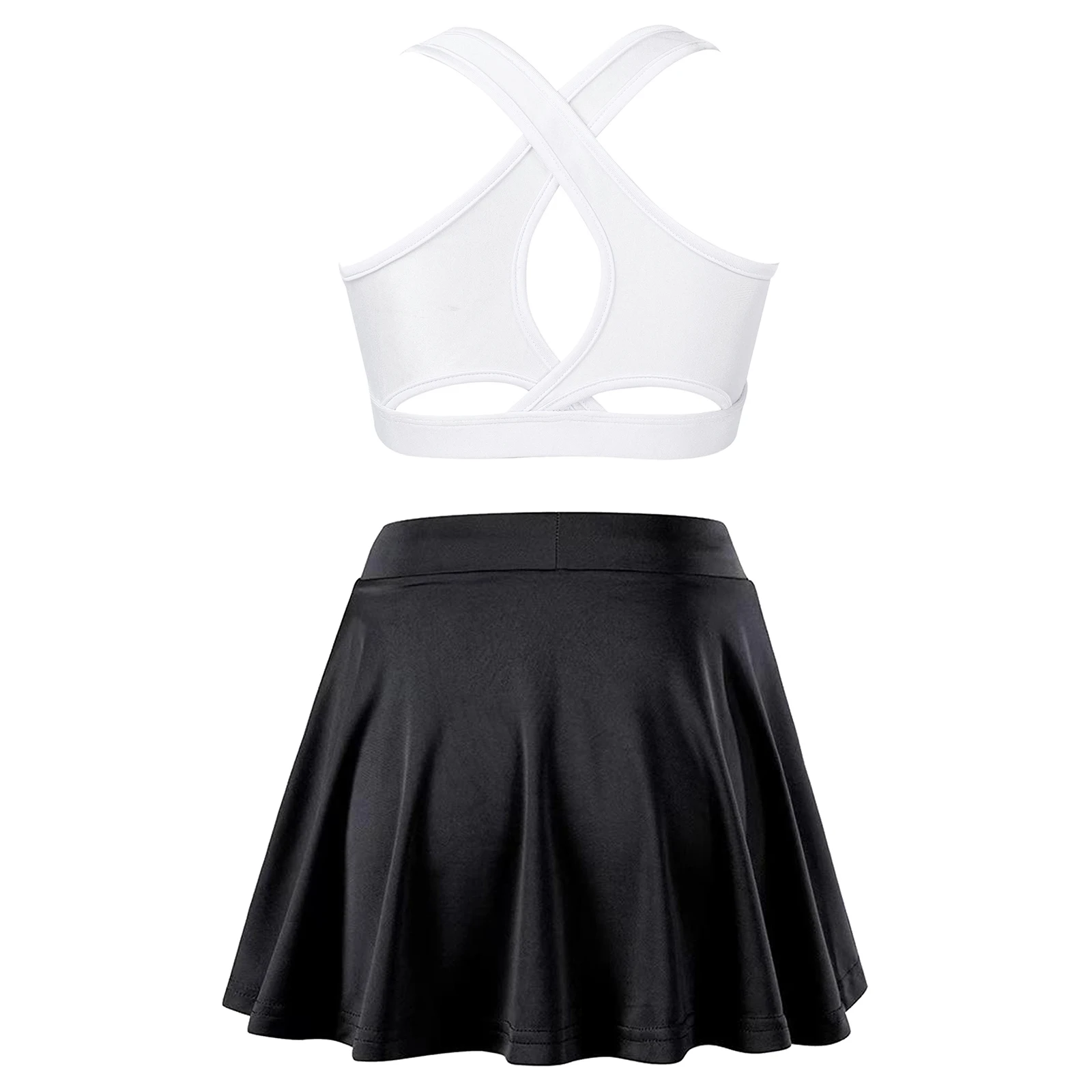 Kids Girls Sports Set Breathable Sportswear Sleeveless Criss Cross Crop Top with Pleated Skirt for Tennis Badminton Fitness