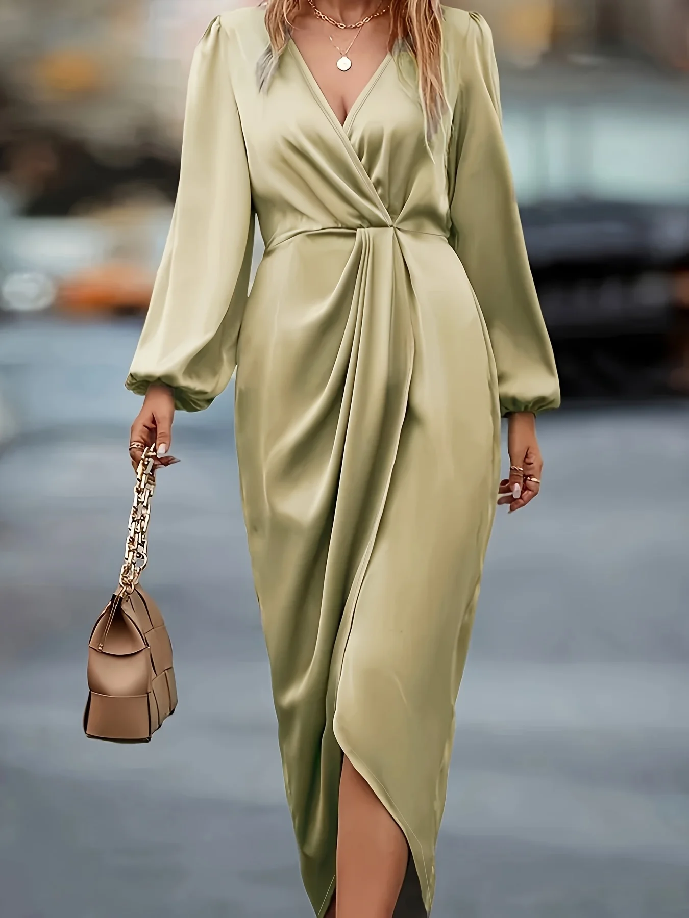 فستان صيفي نسائي كاكي مقاس كبير منسوج من الساتان ب...