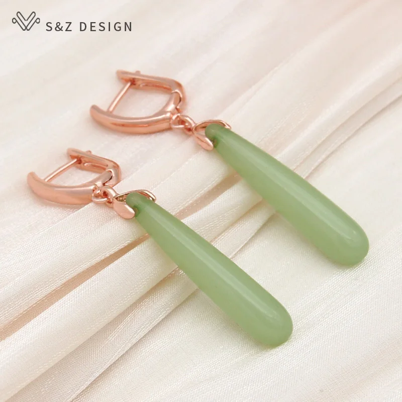 S&Z DESIGN New Fashion Long Water Drop Dangle Earrings Jewelry Sets For Women Wedding 585 Rose Gold Color Pendant Necklace