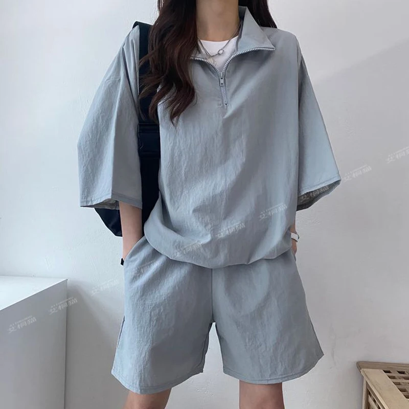 Solid Women\'s Sports Suit Turn-Down Collar Half Sleeve Tops And High Waist Shorts Two Piece Set New Female Summer Outfit