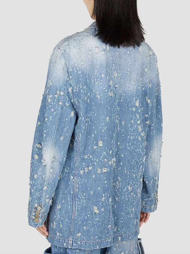 KBQ Distressed Spliced Raw Hem Denim Blazers For Women Notched Collar Long Sleeve Streetwear Blazer Female Chic Style Clothing