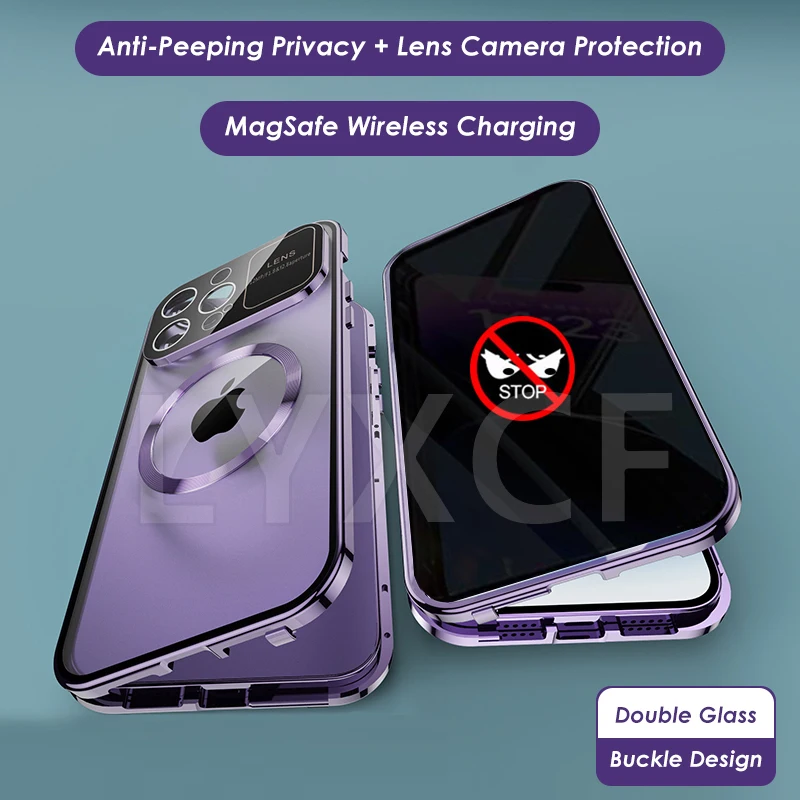Large Window Anti-Peeping Privacy Case For iPhone 15 14 13 12 Pro Max Double Sided Glass Wireless Charging Protection Cover