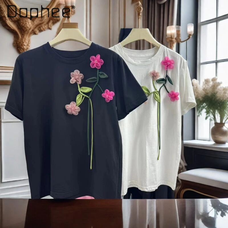 

Sweet Three-Dimensional Flowers T-shirts for Women 2024 Summer New Personality Loose Woman Short Sleeve Round Neck Tees Top