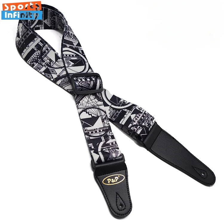 Premium Ultra Thick Black and White Guitar Shoulder Strap - Heat Transfer Printed Design, Enhanced Comfort for Extended Play