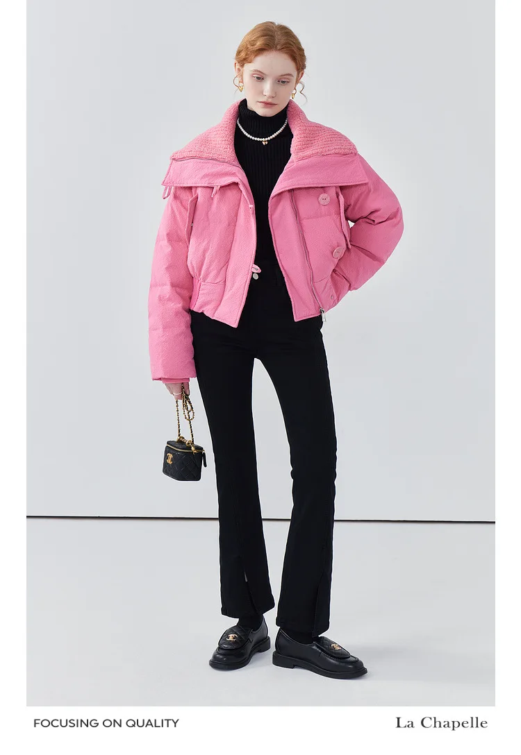 Chic Design Cropped Jacket Winter Short Puffer Jacket Women Clothing Down Cotton Coats Warm Knit Big Collar Coat Bread Jackets