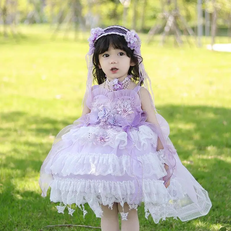 

2023 Baby Girls Summer Lolita Dress for Birthday Party Children Spanish Purple Lace Dresses Infants Turkish Boutique Ball Gowns