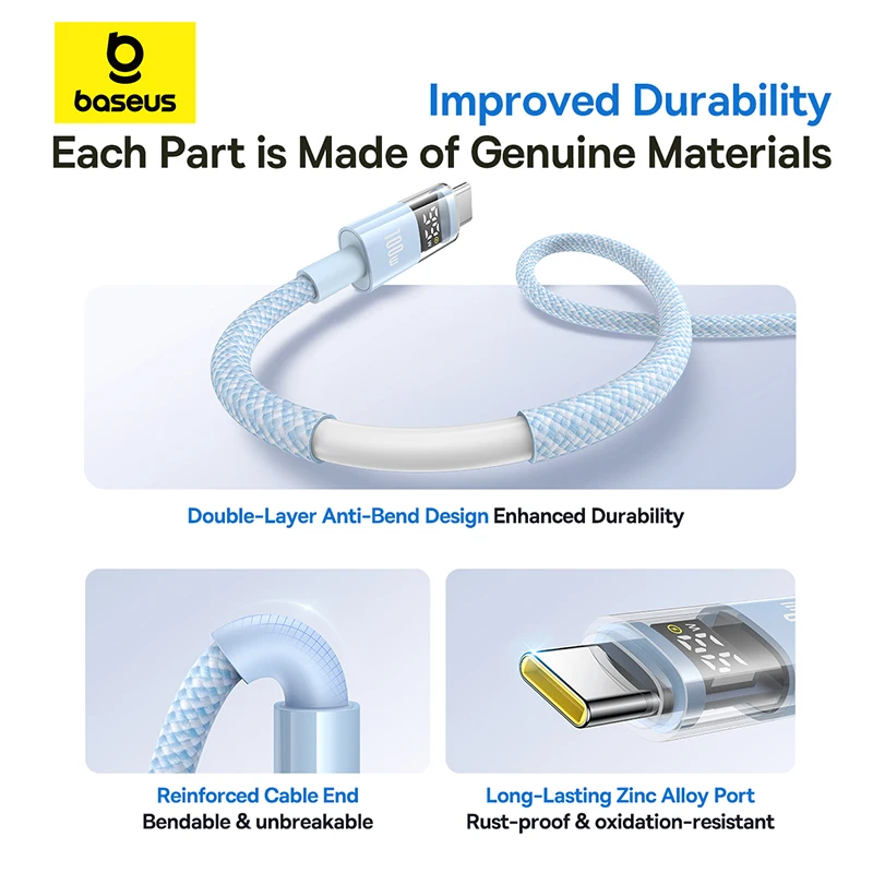 Baseus 100W USB C Cable LED Display For iPhone 17 16 15 Pro Max USB Type C Cable for Macbook pro Fast Charge Wire for Xiaomi