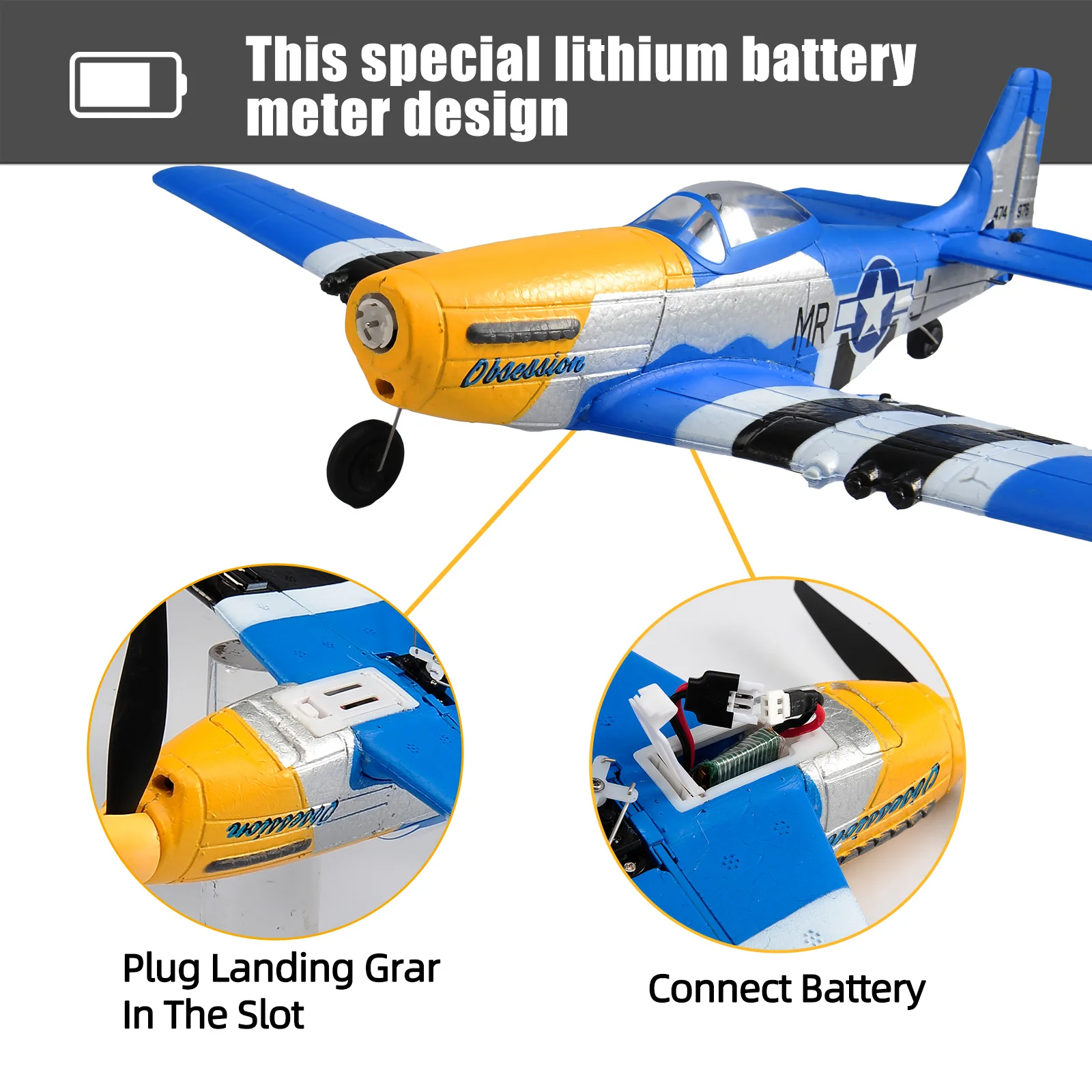 P51 Mustang 400MM RC Airplane 2.4G 4CH 6 Axis RTF One Key Aerobatic RC Aircraft with Xpilot Stabilization Warbird Plane 4