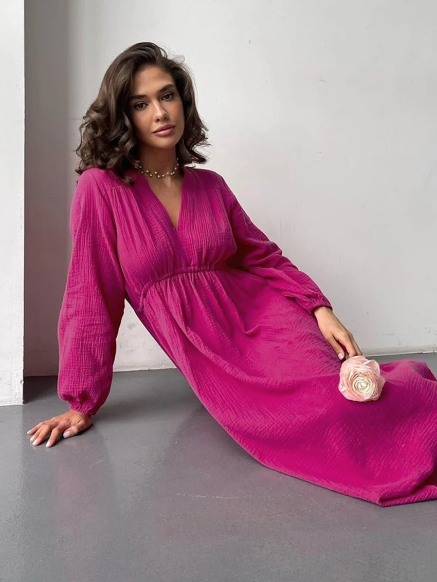 Marthaqiqi Cotton Women'S Nightgowns Long Sleeve Sleepwear Sexy V-Neck Nightwear Mid-Calf Dress New Causal Ladies Home Clothes