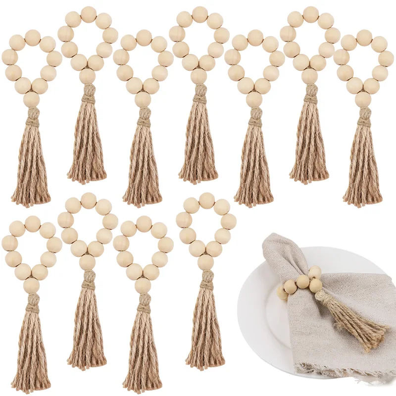 1/12Pcs Wooden Beads Napkin Rings with Tassels Rustic Wedding Table Napkin Holder Buckles Christmas Party Boho Home Decoration