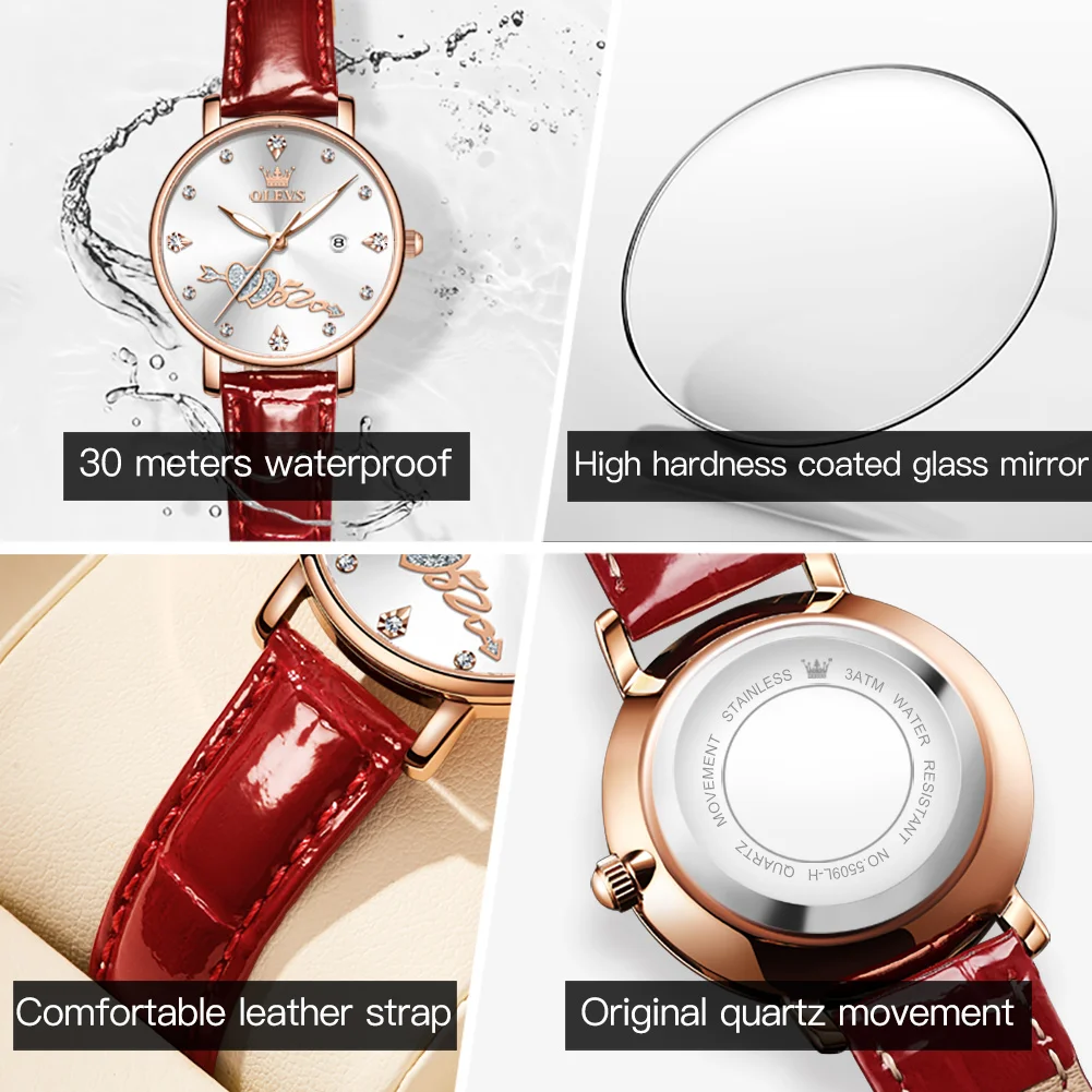 OLEVS Fashion Watch for Women Leather Strap Women's Watches Date Stainless Steel Dial Waterproof Elegant Ladies Dress Wristwatch