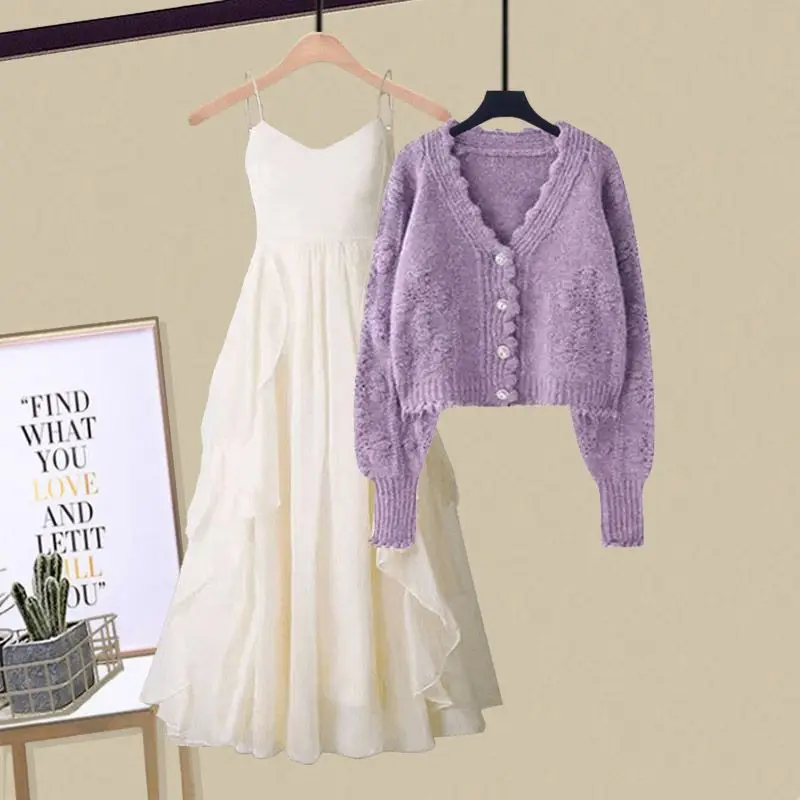 Spring and Autumn Season Set for Women 2024 New Korean Knitted Cardigan Sweater Casual Dress Elegant Women's Two Piece Set