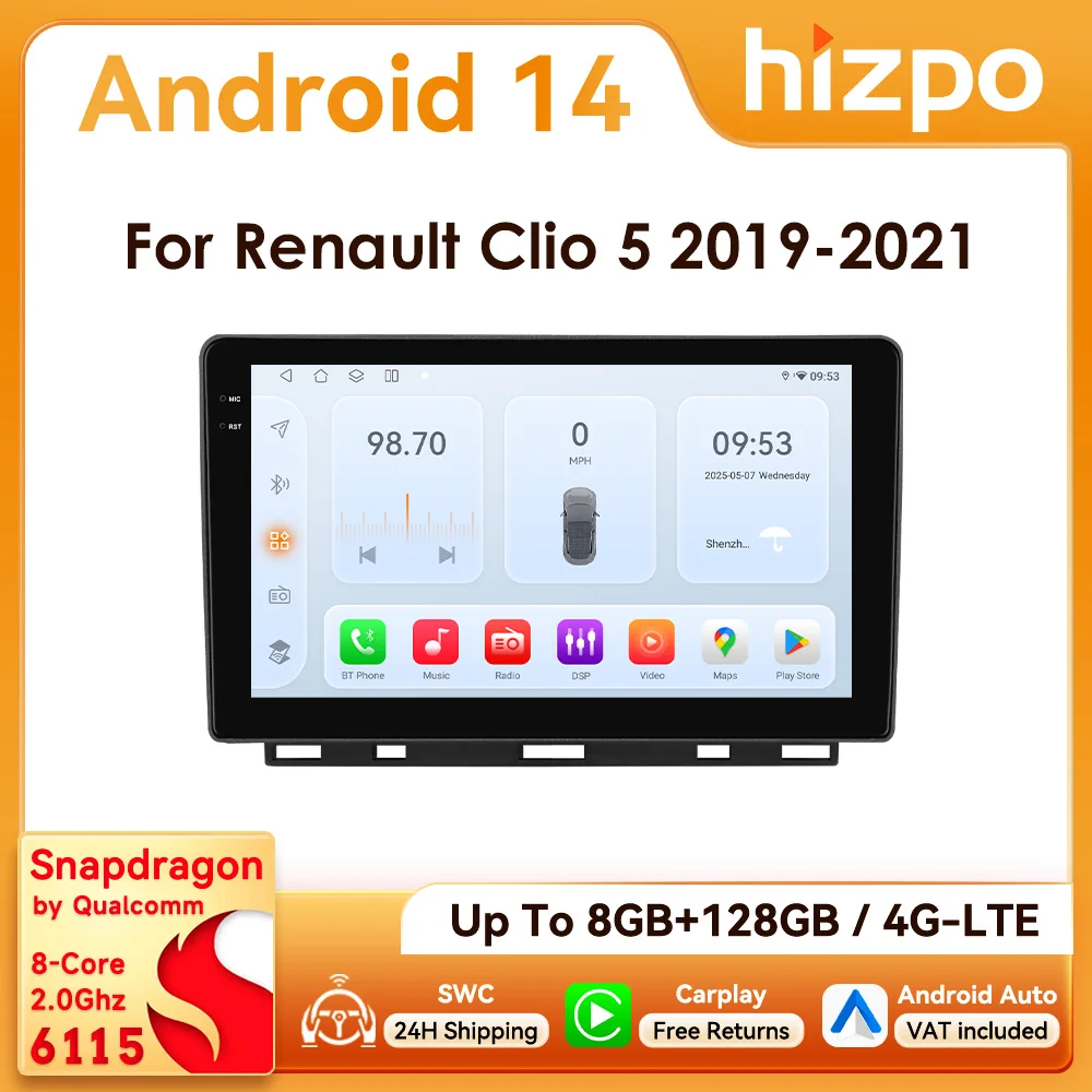 9" Hizpo 2Din Android14 Autoradio für Renault Clio 5 2019 - 2012 Snapdragon 6115 Steuergerät Otca Core Auto CarPlay 4G BT SWC GPS