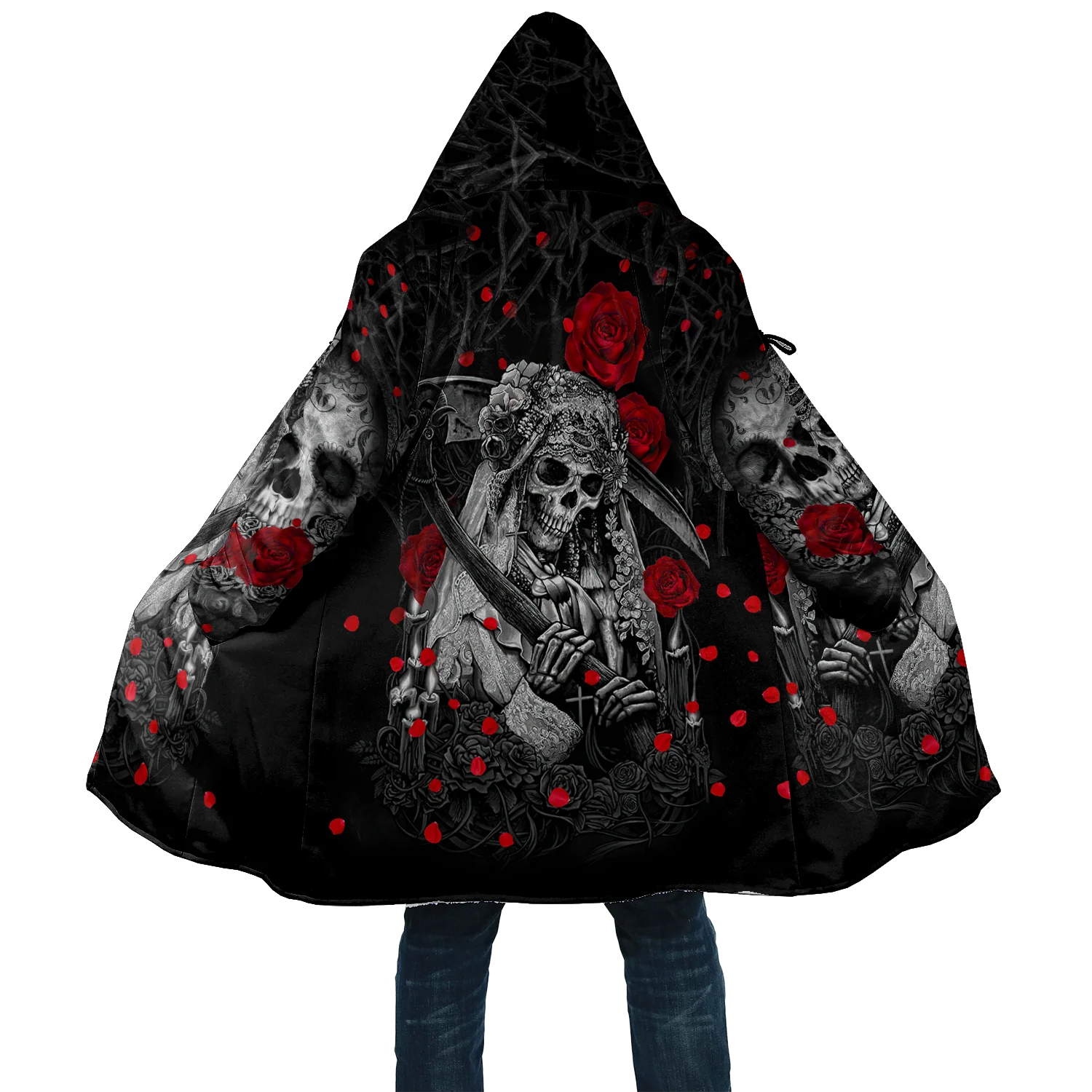 PLstar Cosmos Herren-Umhang, Totenkopf, Teufel, Tattoo, 3D-Allover-bedruckter Fleece-Kapuzenumhang, Unisex, lässig, dick, warm, Umhang, Mantel PF71 – Detail 30
