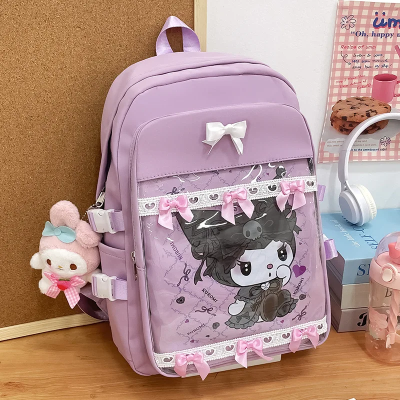 MBTI Cute Kuromi Backpack Women Nylon Pink Fashion Kawaii Casual Designer Youth School Backpacks Large Capacity Sweet Bow Bag
