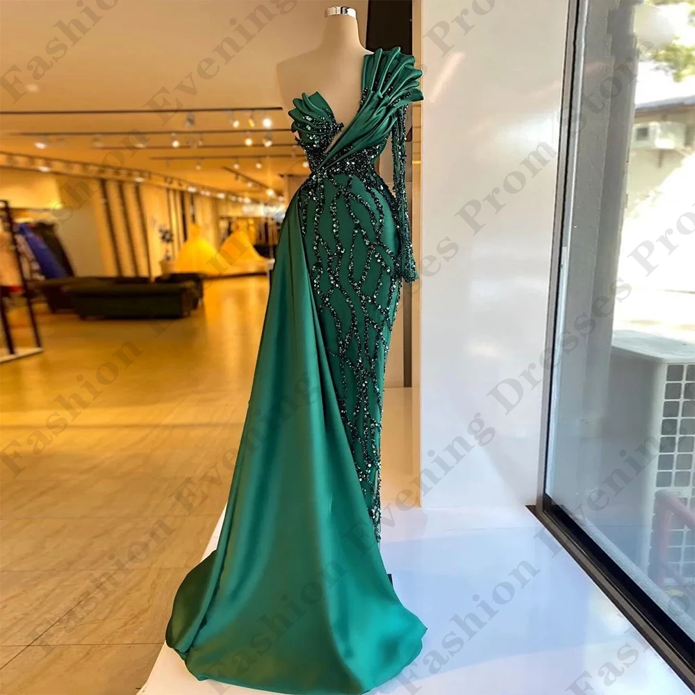 

Green Gorgeous Women's Evening Dresses Mermaid One Shoulder Sleeves V-Neck Princess Prom Gowns Formal Beach Party Vestidos Noche