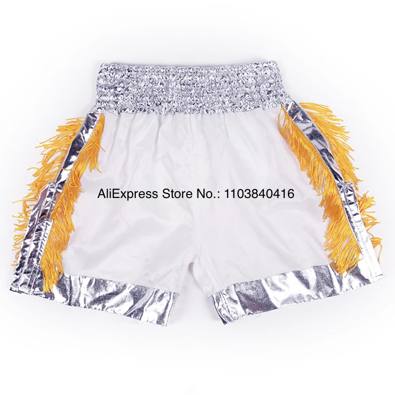 Muay Thai Pants Adult Kids Plain Kick Boxing Shorts Gold Tassels Satin Kickboxing Fight Shorts Thaiboxing Martial Arts Clothes
