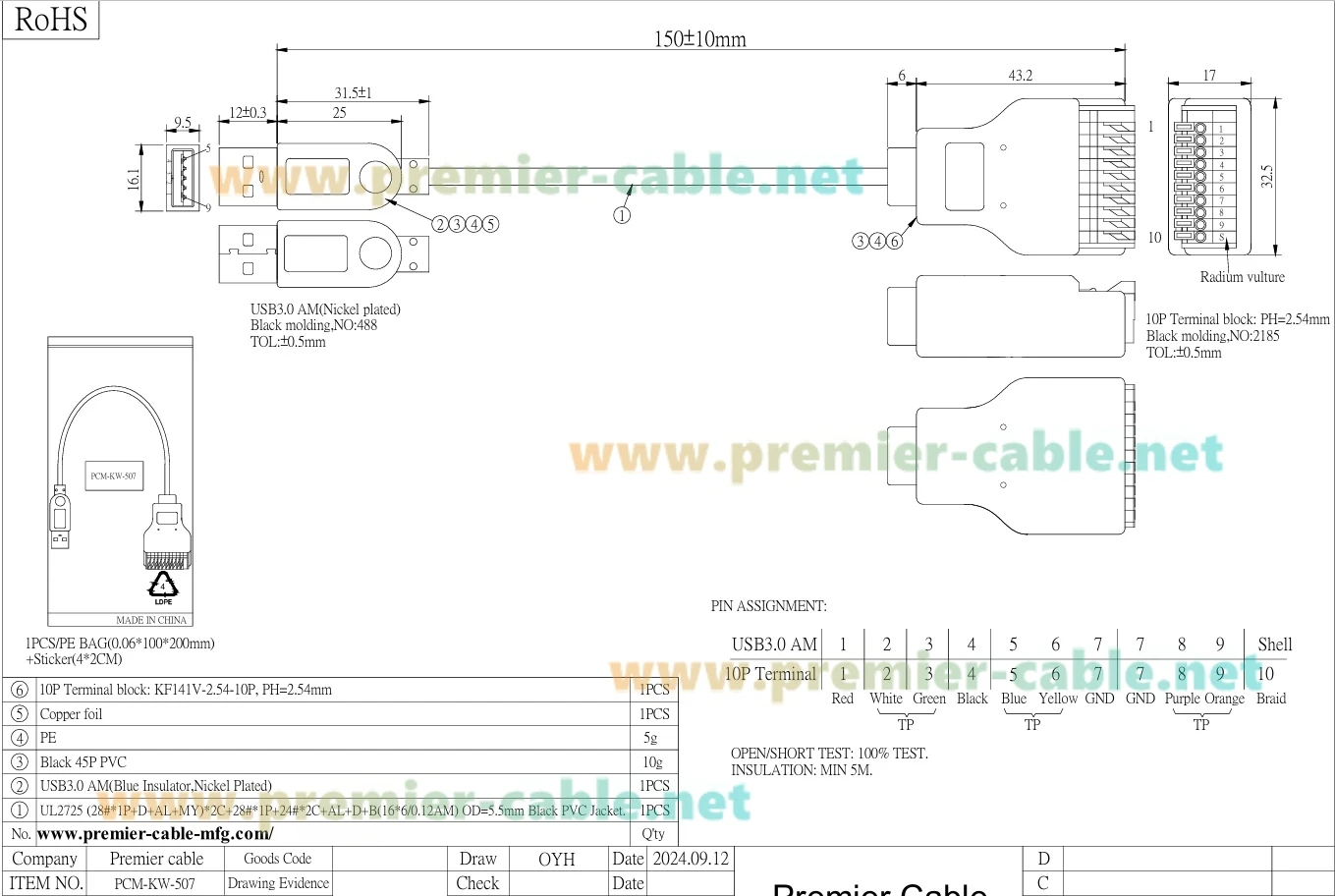 USB 3.0 auf 10-poliges Feder-Crimp-Klemmenblock-Anschlusskabel, Typ A-Stecker auf Quick Connect, lötfreie Terminal-Breakout-Board – Detail 1