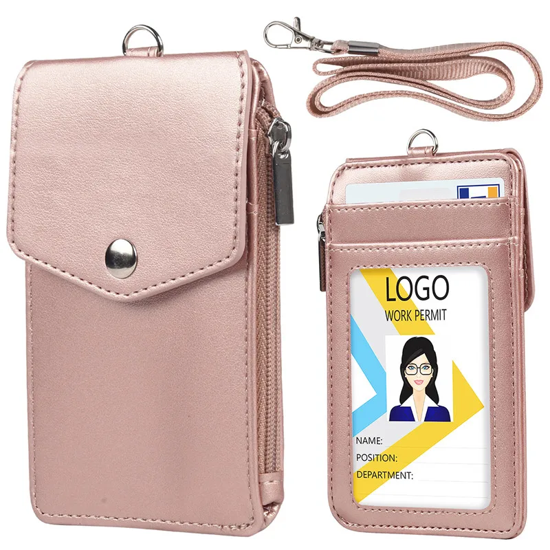 

1PC Women Men Work Credit Card Holder Wallet With Neck Strap Zipper Hasp Student Staff ID Card Bus Desk Organizer Purse