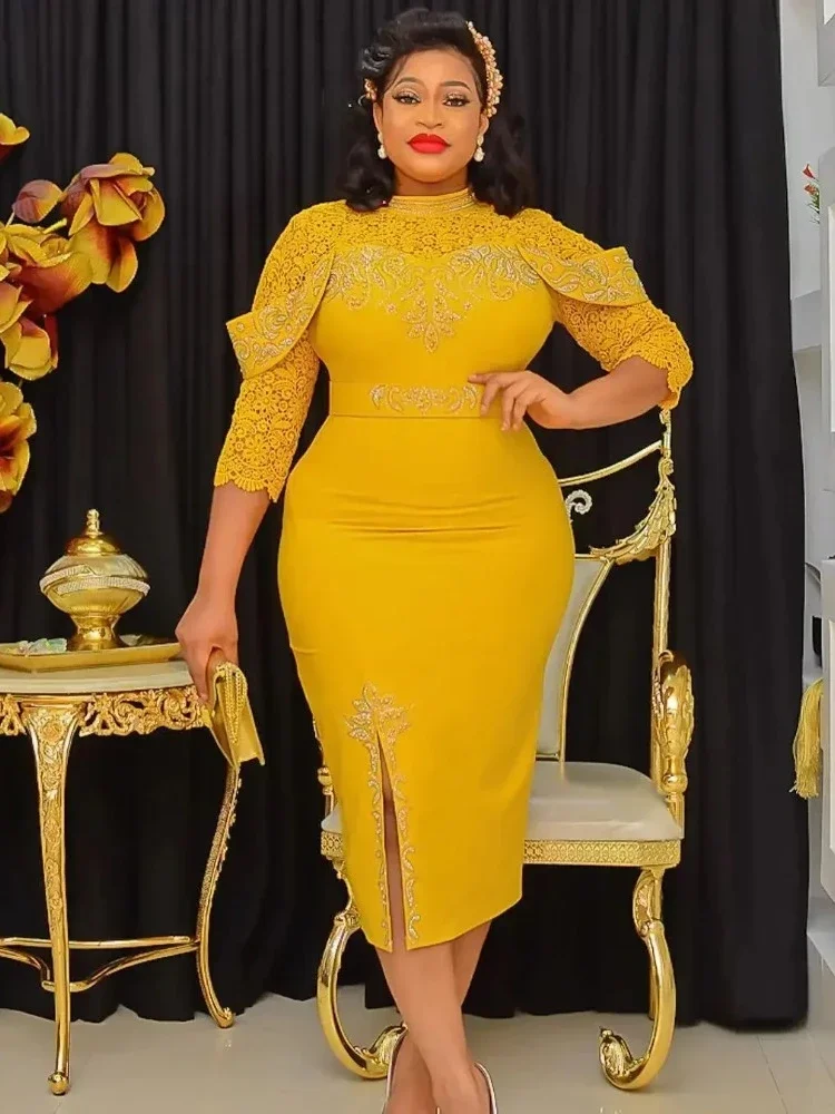 

Sexy Lace Patchwork Midi Dress African Dress for Women 2024 Elegant Long Bodycon Dresses Rhinestone Robe Femme African Clothes
