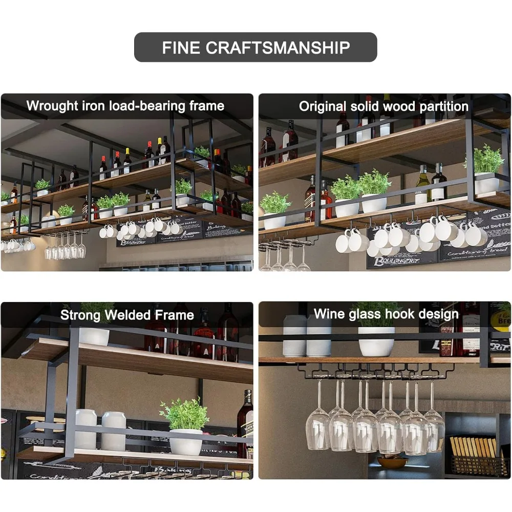 Ceiling Wine Glass Rack - 55.1in Hanging Wine Rack with Glass Holder and Shelf, 2 Layer Industrial Hanging Wine Bottle Holder 4