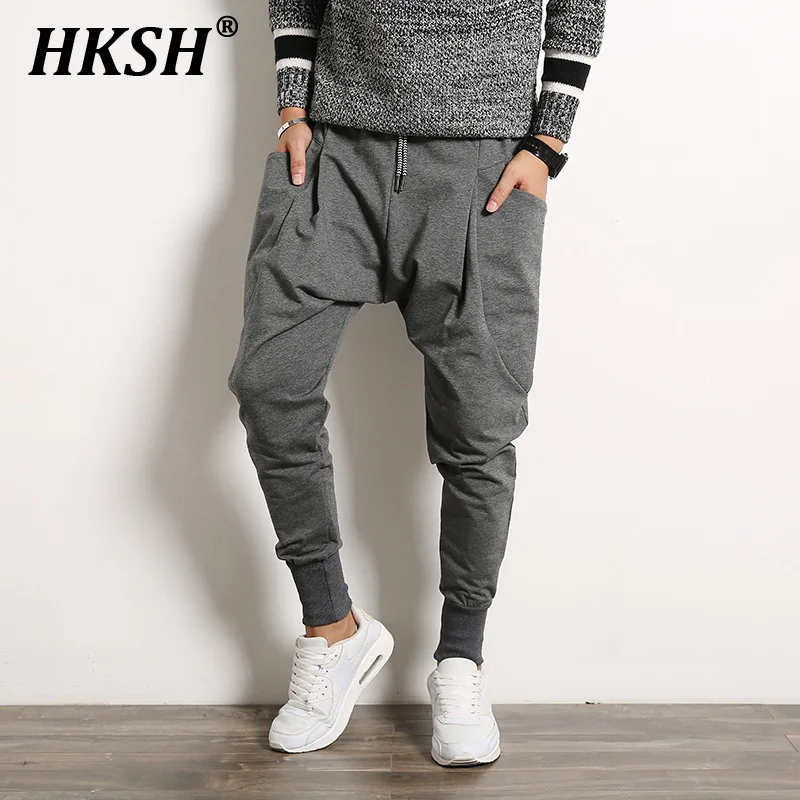 

Новинка весна-лето, мужские брюки HKSH с промежностью, эксклюзивные повседневные однотонные брюки с большими штанинами и карманами HK1544