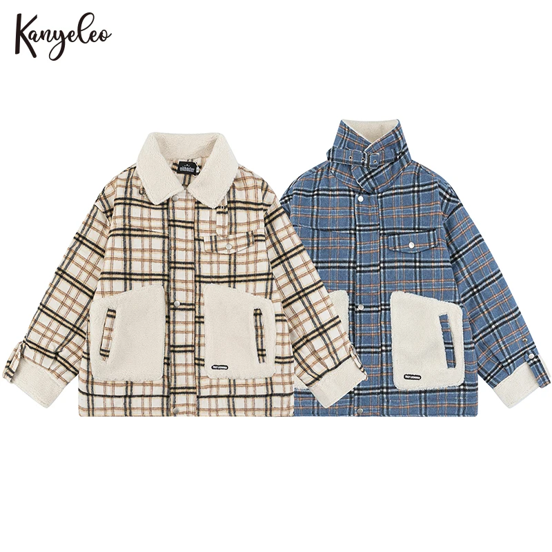 

2023 new casual trend plaid splicing lamb wool lapel windproof cotton jacket jacket