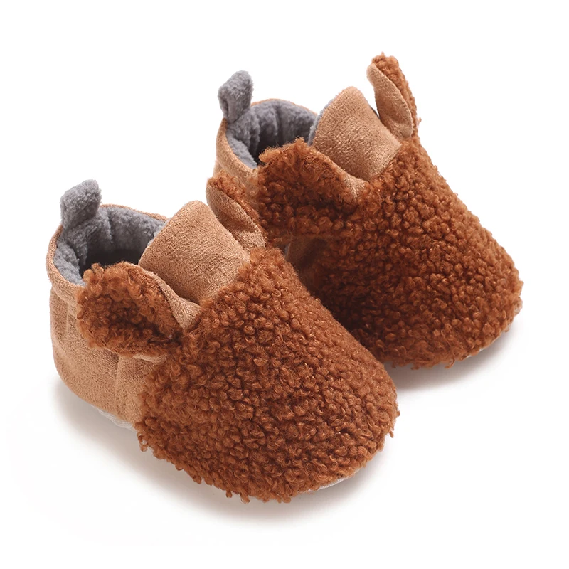 MISOWMNJOY Newborn Baby Boots Slippers Winter Newborn Crib Shoes Contrast Color Warm Flats with Cute Ears Infant Walking Shoes