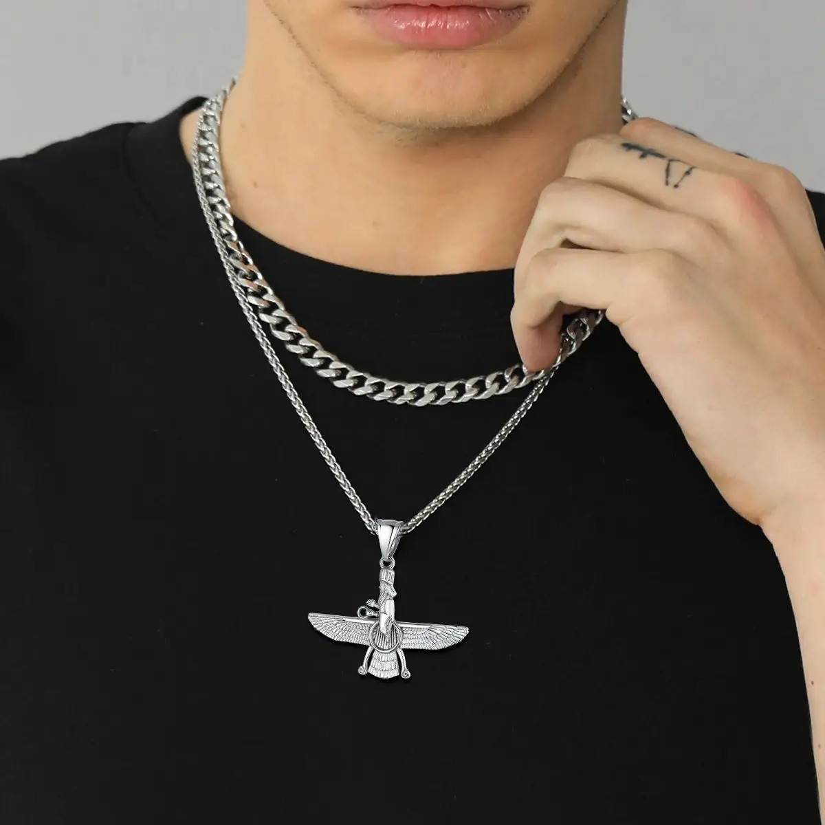 Rockyu Gold Plated Farvahar Necklace For Men – Stainless Steel, 22" Chain, 50x30mm Pendant With CZ Stones