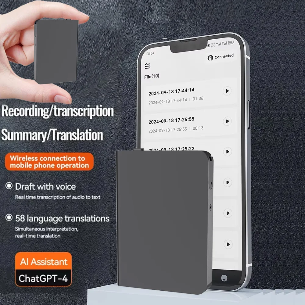 Intelligent AI ChatGPT-4 App Phone Call Voice Recorder Transcribe Summarize LanguageTranslation Device Audio Dictaphone 8-128GB voice recorder