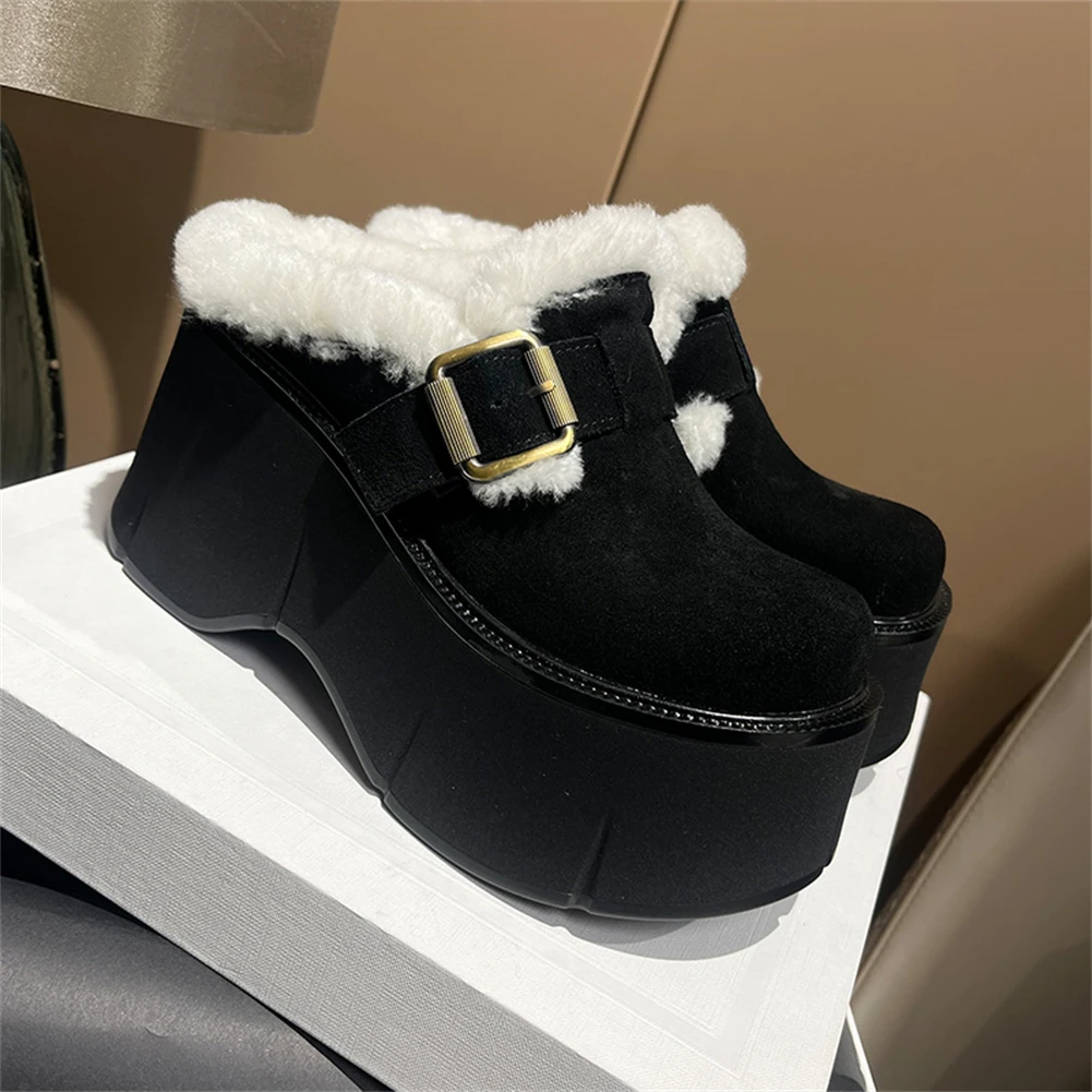 

Женские замшевые Шлепанцы из натуральной кожи, роскошные брендовые танкетки на платформе, зимние теплые меховые тапки