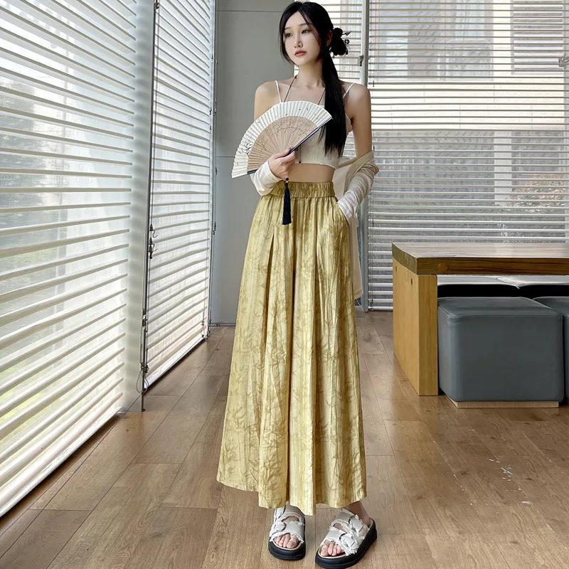 

Юбка-трапеция женская из хлопка и льна, повседневная универсальная юбка средней длины в литературном ретро-стиле, с завышенной талией, с принтом, в китайском стиле