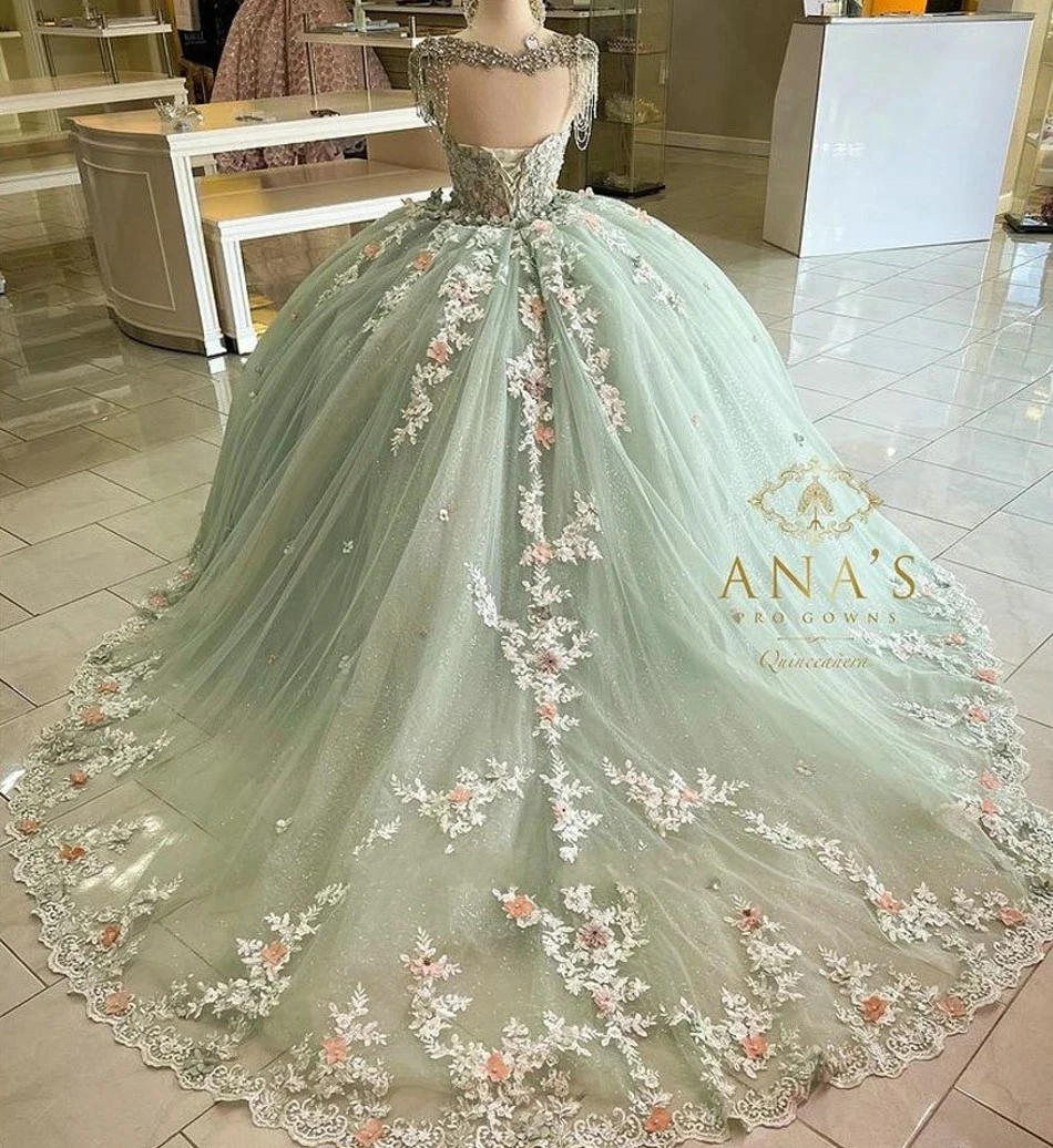 

ANGELSBRIDEP Sage Green Quinceanera Dress With 3D Flowers Appliques Beading Corset Sweet 15 Vestidos De Quinceañera China Gala