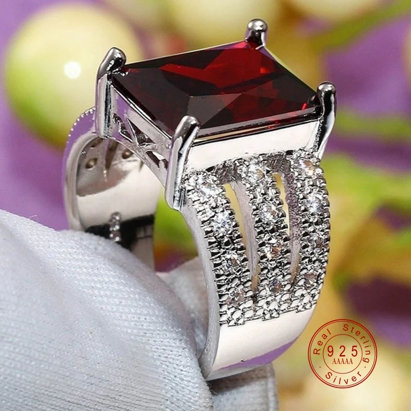 Red AAA Cubic Zircon Rings For Women Genuine 925 Stamp Silver Color Crystal Filled Luxury Hollow Out Ring Jewelry