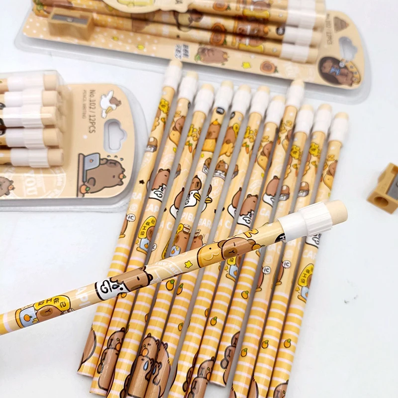 1pack Cartoon Capybara HB Pencils 12 Pencils 1 Pencil Roller Stationery Box Set Student Writing Drawing HB Pencils Sketch Pens Drawing Set Writing Stationery Drawing Pencils