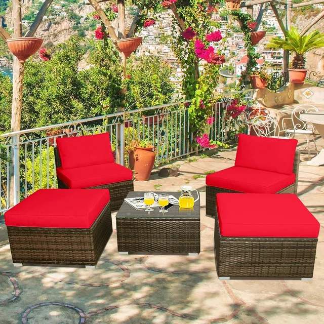 outdoor rattan wicker 5-piece chaise lounge set with ottoman and coffee table for daybed conversations 3