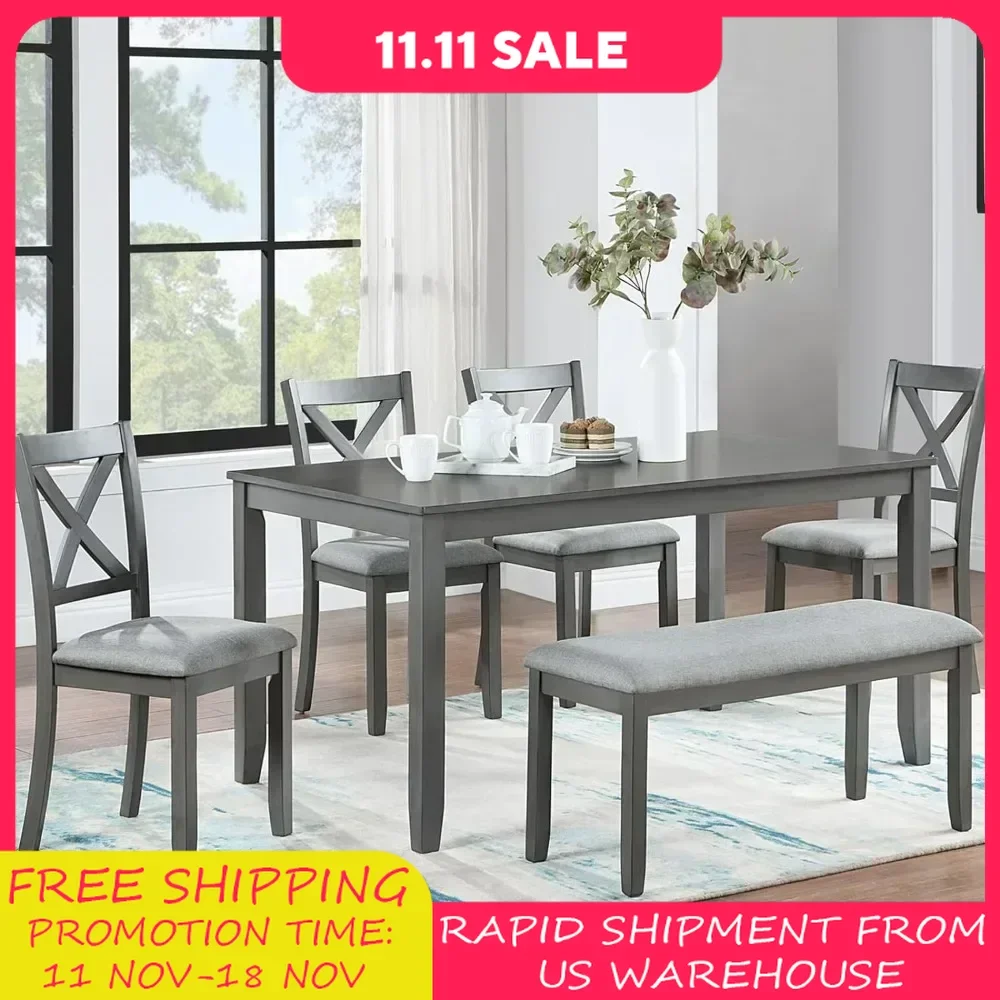 Dining Table Set for 6,Farmhouse Kitchen Table Set with 4 Upholstered Chairs and 1 Bench,Solid Wood Dining for Kitchen