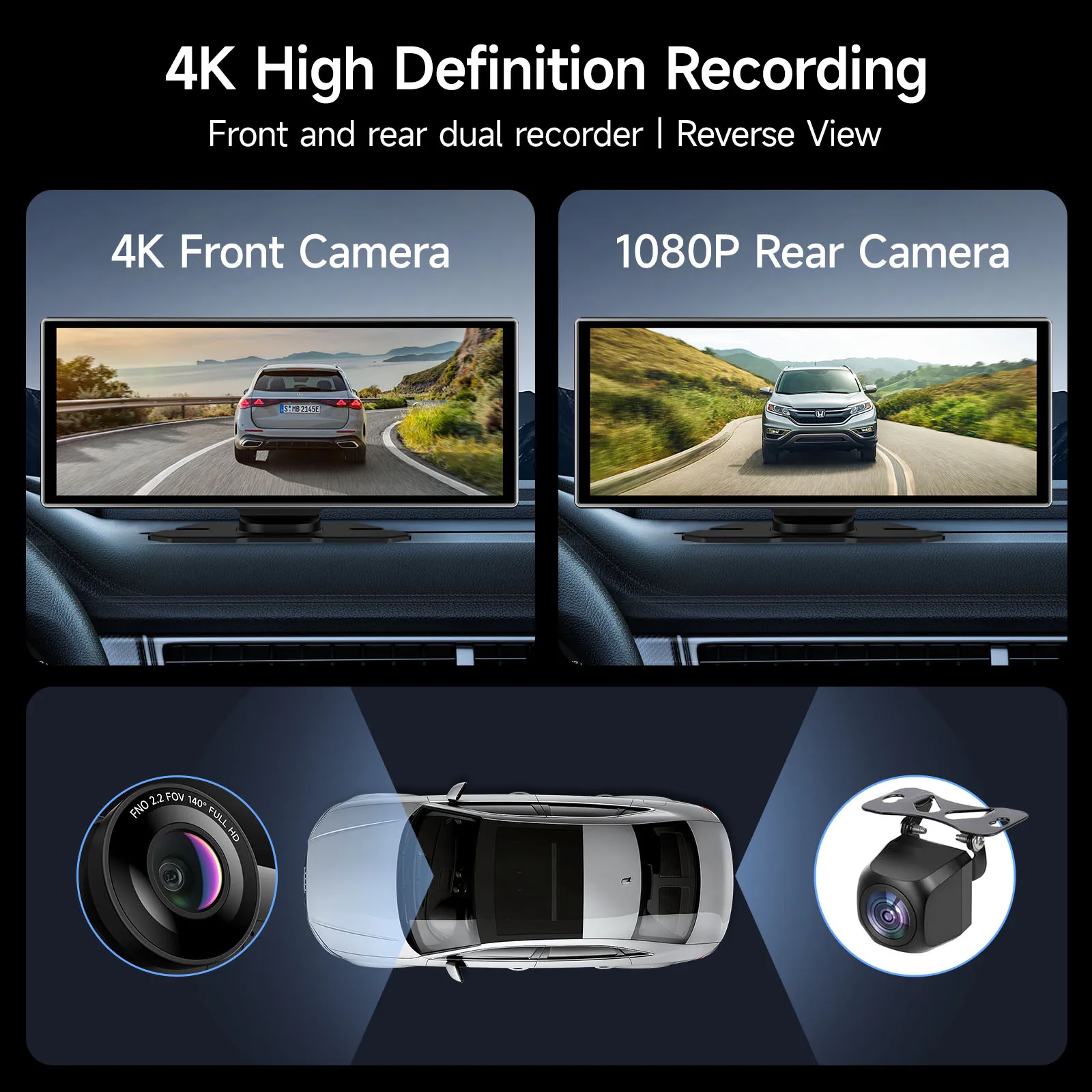 11.26 inch Car Touch Screen Multimedia Video Player Portable 4K DVR Wireless CarPlay Android Auto Dual Lens Driving Recorder