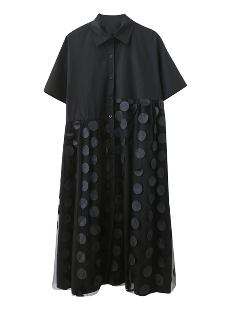 Black Mesh Spliced Polka Dot Summer Shirt Dress Women New Short Sleeve Loose Casual Fashion Long Dress Elegant Clothes 2025
