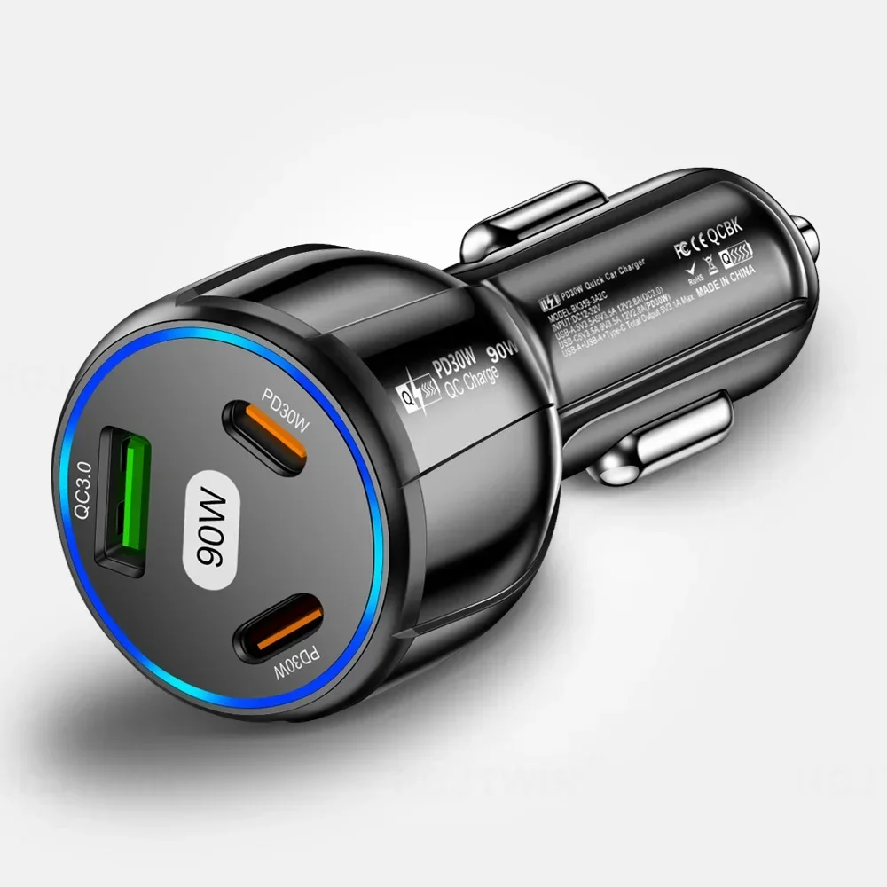 High-Speed 90W Multi-Port Car Charger with USB & Type-C Ports