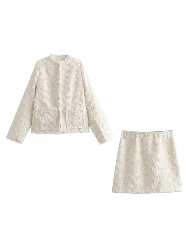 

Women New Fashion Burr trim decoration Cropped O Neck Jacket Coat Vintage Long Sleeve Pockets Female Outerwear Chic Overshirt