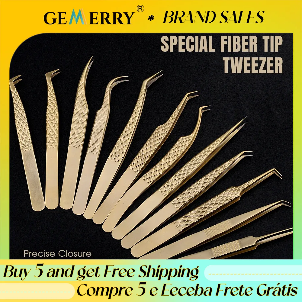 Eyelash Tweezers Gemerry Eyelash Extension Tweezers With Fiber Tips Golden Stainless Steel High Precision Tweezer for Volume Fans Makeup Tools